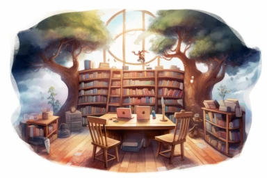 Create a watercolor clipart of a teacher's desk and chair in a fantasy classroom, adorned with magical symbols and surrounded by enchanting elements, with soft and blended colors, viewed from a top-down perspective, against a backdrop of swirling clouds
