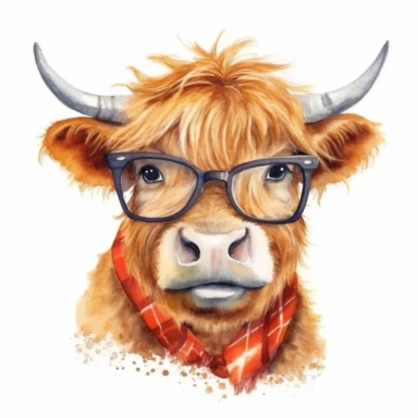 Illustrate a lovable baby Highland cow with sunglasses in a nursery kids' style watercolor clipart, capturing its innocence and creating a high-quality, ultra HD image.