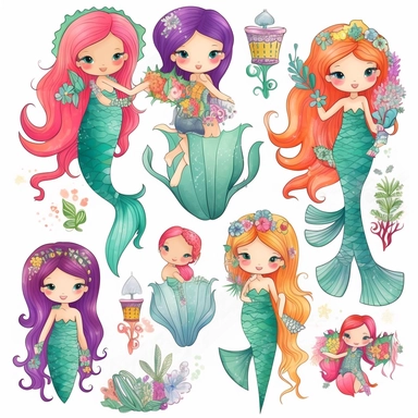 enchanting Cartoon Magical Mermaid Clipart! Dive into a world of whimsy and wonder with these detailed and adorable mermaid illustrations. Each mermaid is meticulously designed with charming features, vibrant colors, and intricate details that will captivate both children and adults alike. With a white background, these clipart images are versatile these cute and lovable mermaids are sure to make a splash! Let your imagination swim free with our delightful mermaid clipart.