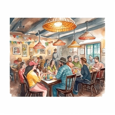 Indoor of Mexican restaurant full of guests realistic detailed, watercolor clipart, white background