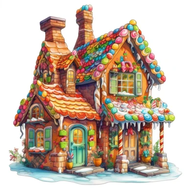 Gingerbread House, style by Lucy Fleming, watercolor, smooth gradients, black contour outline, ultra detailed, clipart elements, vibrant colors, solid white background, super clear, high quality
