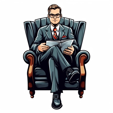man in glasses and a tie on an armchair with a folder simple clipart