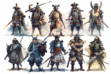 watercolor samurai warriors in various poses and with different weapons. Include iconic elements such as the samurai armor, swords, helmets, and flags with family crests. You may also want to incorporate different historical periods and famous samurai figures from Japanese history, such as Miyamoto Musashi or Oda Nobunaga, clipart, HD, isolated white background, spaced out
