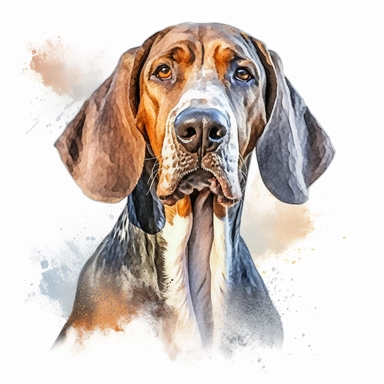 american english coonhound watercolour painting realistic yet stylized, digitally enhanced, clipart, 32k uhd, detailed crosshatching white background