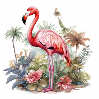 flamingo standing in large tropical forest with full tropical plants, full body, watercolor styles, clear background, Sublimation Clipart,hyper realistic, intricate detail, illustration style, isolated on white background for removing background