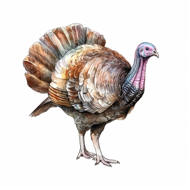 Thanksgiving turkey clipart, centered, white background, image only style by Lucy Fleming, watercolor, smooth gradients, black contour outline, ultra detailed, clipart elements, delicate pastel colors, solid white background, super clear, high quality