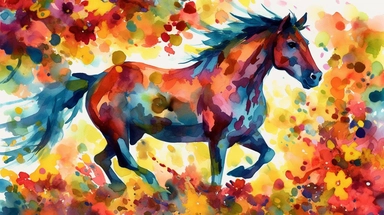 A vibrant watercolor of a single horse rendered as a digital clipart, drawing inspiration from the bold, expressive blooms found in Emil Nolde's garden paintings, featuring a vivid color palette that captures the flowers' natural radiance, illuminated by bright, contrasting light that emphasizes the rich, saturated hues and dynamic brushwork, and composed using an organic, free-flowing layout that conveys a sense of movement and growth.