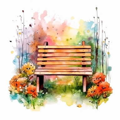 clipart, isolated on white background, Watercolor Spring beautiful ornated wooden bench, flowers and grass and plants, ornated, vivid and vibrant and saturated colors
