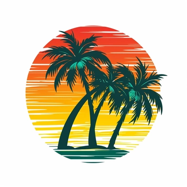 palm tree with sun in background, red green and yellow, vector art, in the style of pop art, clipart, white background, rounded corners