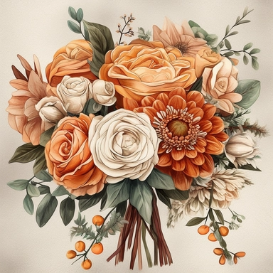 create a beautiful high quality highly detailed highly saturated watercolor clipart illustration of a beautiful single and elegant decorative SIMPLE COTTAGECORE BRIDAL BOUQUET WITH THE FLORAL STEMS WRAPPED in SILK BURLAP covered in a theme of burnt orange, terracotta, beige, flower arrangement with vendela rose, dahlia rose, rose bud, willow, use intricate detailing for the BRIDAL BOUQUET, pay close attention to the leaves, this illustration should be used for wedding invitations, pay close atte