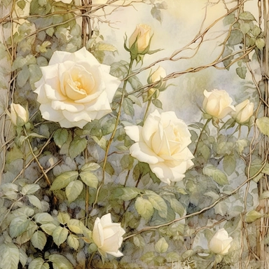 white roses climbing on a trellis, muted grasses at the bottom, clipart, page border style, soft and hazy watercolor, white background, vintage--q2