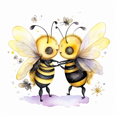 two yellow with black highlights cute and cuddly dancing honeybees who are in love beautiful gothic fantasy clipart, fantastical 3d, watercolor, white background