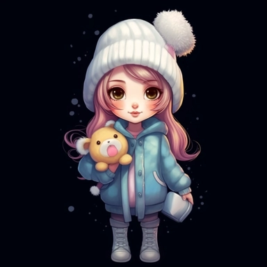 a cute little girl holding a winter hat in cool white snow white hat cliparts,used for printing bags, in the style of oleksandr bogomazov, colorful drawings, eiichiro oda, jonathan wolstenholme, soggy, soft-edged, realistic yet stylized,8k,hd ,black backg