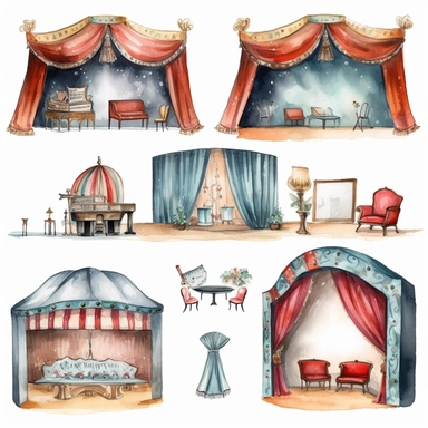 watercolor 1910s 1920s 1930s 1940s theatre stage, illustrations clipart set, simple, , cartoon elements ,different variants ,shows,separate elements with a margin