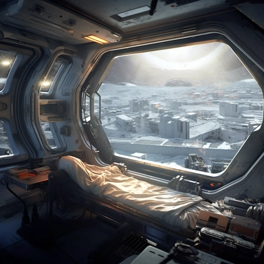 movie clip scene , photographic high definition render, cold blinding shinny white winter light god rays shadows shimmering closeup detail concept art detailed painting with giant spaceship window of a cool industrial living quarters spaceship , huge over window with gorgeous galactic view, happy blade runner android, cool airvehicle cockpit, living bedroom office, droid parts in shinny clothes sitting on a fresco concrete wall, cool sci-fi vehicle utilitarian, 1970s astronaut cosmonaut white pa