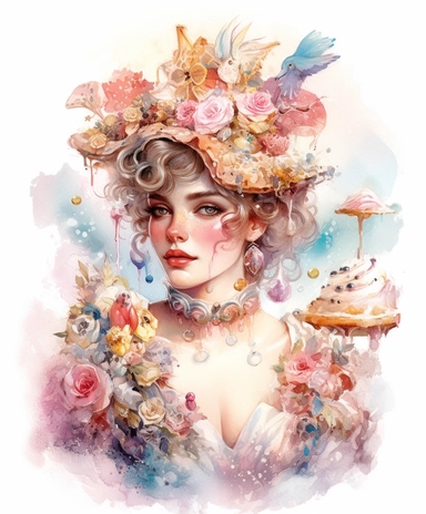 illustration watercolor art of cute feminine beautiful ice-cream Sugarpunk fairy, jewelry, provence, meadow, many small and colorful particles, masterpiece by Jean-Baptiste Monge style and by Edouard Bisson style and Hans Zatzka style, rococo style, PNG clipart, isolated on white, extreme photorealistic details, 32k HD resolution, realistic high detailization high resolution