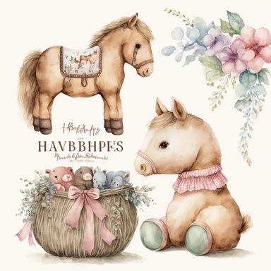 boho, nursery items, baby toys, watercolor clipart, Hermès equestrian style