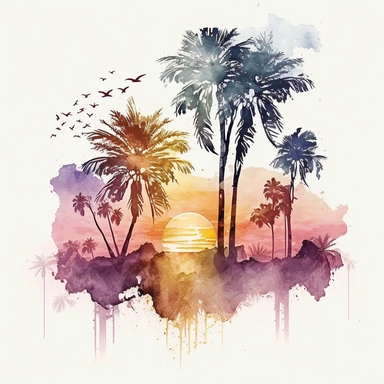 watercolor detailed palm trees on the beach with sunset in the back clipart, white background, no text