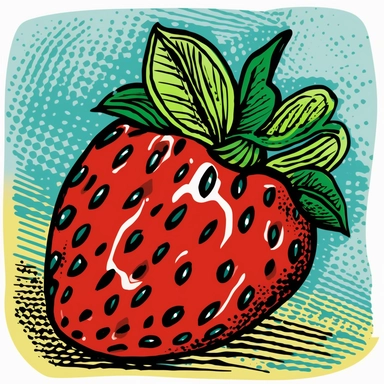a strawberry in a clipart style illustration, in the style of gary panter, delicate markings, simplified colors, bold, cartoonish lines, hatching, complementary colors, illustration