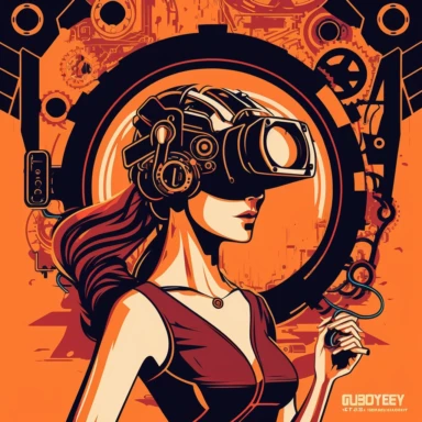 vr headset, virtual reality, industrial worker, poster, goddess in vr gogle, repairing machine, simplistic, abstract, vector, 2d illustration, clipart, few colors, industrial