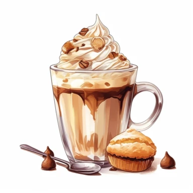 cappucino coffee with ice cream transparent beauty glass with muffins digital clipart on white background