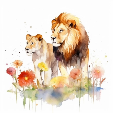 Clipart of Lion, two lions fighting in the field flowers, full body of lion, watercolor painting, white background, featured on pixiv, computer art, watercolor, digital illustration, detailed painting, realistic