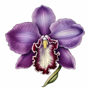 Visualize an intricately hand-drawn orchid clipart. This botanical illustration features a striking, elegant orchid, known for its exotic beauty and grace. The petals are meticulously drawn in a vivid purple tone, capturing the unique, symmetrical form that makes the orchid an emblem of refinement and sophistication. The central column of the orchid, a characteristic feature of the flower, is carefully detailed to highlight its unique anatomy. Supporting this blooming spectacle is a slender, arc