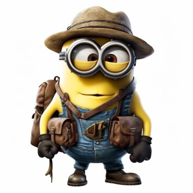 the minions goes hiking like indiana jones style, clipart logo, white background