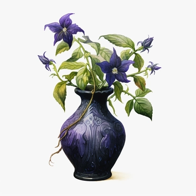 Watercolour beautiful dark fantasy realistic compelling magnificent deadly nightshade Atropa belladonna plant in gothic black vase intricately perfectly detailed with beautiful realistic compelling deadly nightshade plant PNG image,ultra highly detailed, 18k, sharp focus, bright photo with vibrant bold colours digitally enhanced, enhanced graphics, straight, sharp focus, bright lighting, intricate detailed png image ,high definition,300dpi,graphic clipart,computer graphics