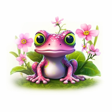 cute pink frog with big round eyes flowers, Illustration clipart, 4K, extremely detailed