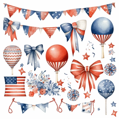 watercolor 4th of july patriotic decorations, illustrations clipart set, simple, , cartoon elements , bunting, ribbon elements, door wreaths, different variants , separate elements with a margin