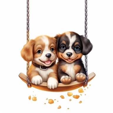 Cute Beautiful Happy Face Couple Baby Puppy sit on a swing Sublimation Clipart ,Cartoon,hyper realistic, intricate detail, illustration style,high solution,on the white background
