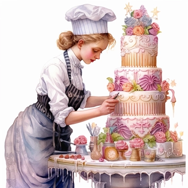 watercolor, hyper realistic, white background, white margins, 16k, ultra detailed clipart, cut out image, hand-drawn a Victorian baker decorating an elaborate cake with intricate designs and piping techniques, surrounded by an array of decorative elements like sugar flowers and ribbons.