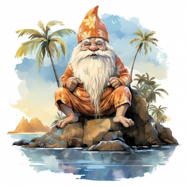 gnome in pool in Hawaii beach outfit, vibrant color, clipart, watercolor illustration, white background