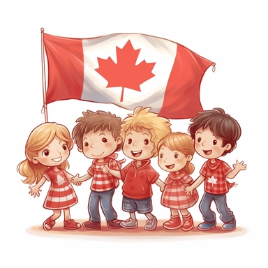 vector art of kids holding canadian flag and celebrating Canada day, clipart, white background, uhd 8k