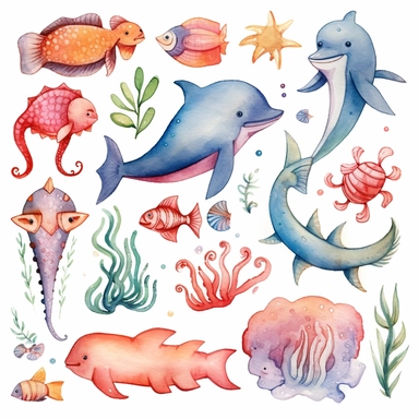 Create a set of childlike watercolor clipart featuring adorable sea animals. Use a vibrant color palette with soft pastel tones to capture the playful and whimsical essence. Draw inspiration from children's storybook illustrations, infusing the creatures with innocence and charm. Include a cheerful dolphin, a smiling starfish, a friendly octopus, and a curious seahorse among the delightful collection