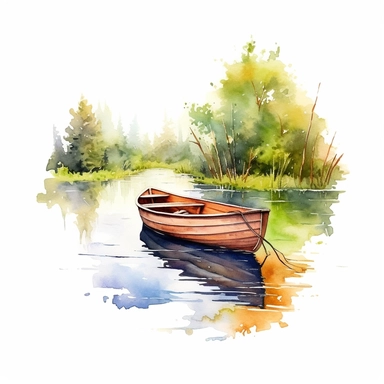 row boat, small creek, clipart, illustration, summer, water color, white background, high detail