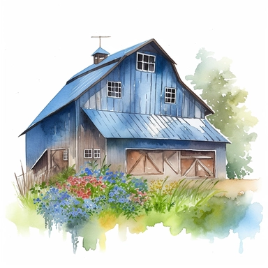 Visualize a clipart-style watercolor illustration of a close up of detailed blue barn surrounded by wildflowers on a summer day, set against a clean white background. Use bright, pastel colors to bring out the wood grain's rich texture, ensuring the colors pop against the stark white backdrop. The barn's vibrant color and the leading lines of the barn's roof and doors should create a sense of depth, making the barn the center of attention. The composition should place the barn centrally, emphasi