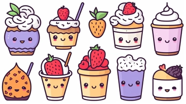 Clipart cartoon ( assorted desserts) outline ,, kawaii style ,on white background