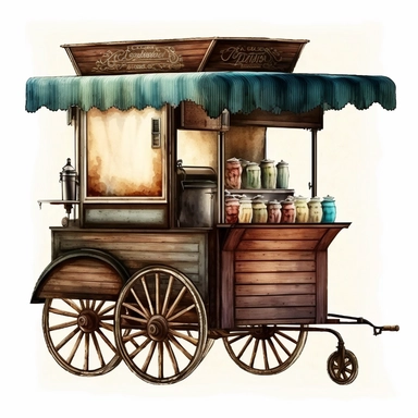 watercolour American style traditional coffee maker beautifully detailed wooden coffee cart,beautifully deatailed png image,high resolution,300 dpi,graphic clipart,computer graphics