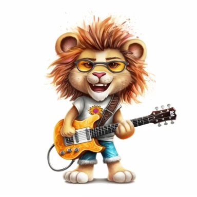 cute Lion character wearing rock music clothes and music element with happy face,front facing on isolated background,with happy face and expression,Animal Sublimation Clipart,no splash watercolor,white background, ultra detailed clipart, cut out image, colorful watercolor realistic, cartoon style, ultra HD, sharp and clean art