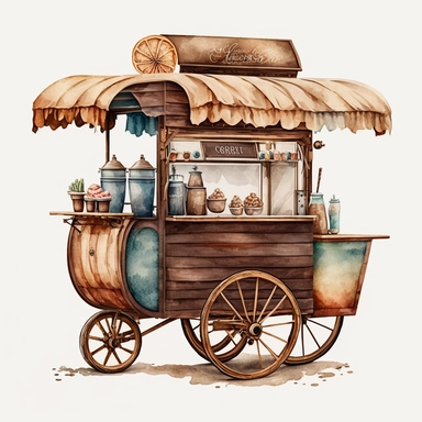 watercolour American style brown wooden coffee cart,beautifully deatailed American style coffee cart,png image,high resolution,300 dpi,graphic clipart,computer graphics