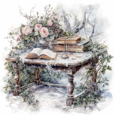isolated on white illustration watercolor art of a desk with books, overgrown with white and light pink roses and flowers, covered with snow and ice, a lot of moss and branches, lace and embroidery, trees, masterpiece by Tomasz Alen Kopera style and by Carl Holsoe style and by James C. Christensen style and by Alexander Jansson style, Baroque Architecture, PNG clipart, isolated on white, white background, extreme photorealistic details, 32k HD resolution, realistic high detailization high resolu
