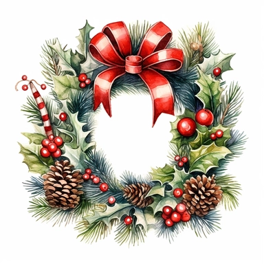 Create a watercolor clipart of a beautiful Christmas wreath adorned with traditional holiday elements like holly, berries, pine cones, and ribbons, very detailed, Cartoon,hyper realistic, intricate detail, illustration style,high solution,on the white background