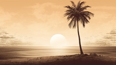 Clipart style, single coconut tree, silhouetted against a setting sun on a serene beach, simplistic line art for tree and beach elements, hatching for the tree bark and coconut textures, stippling for the sandy beach and the shimmering ocean