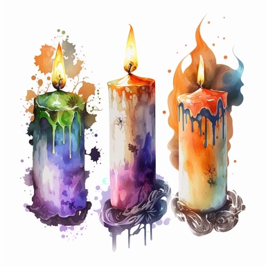 halloween candles water color and hyperrealistic. white background. no tags. CLIPART