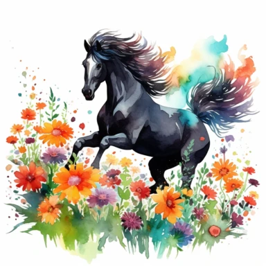 a watercolor dark black horse with a white star on its head running through a meadow of bright colored flowers clipart