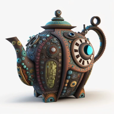 3D patchwork clipart, mutant steampunk giger, stitched fabric tea pot, colorful die cut sticker, patchwork quilted mechanical teapot, 3D, HD, unreal engine, 8k, centered