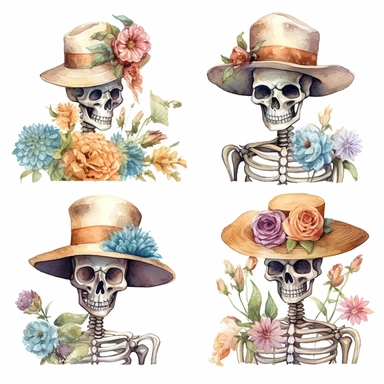 clip art set of skeletons wearing cowboy hats surrounded by flowers, whimsical watercolor painting, separated with white margins between each item, isolated on white background