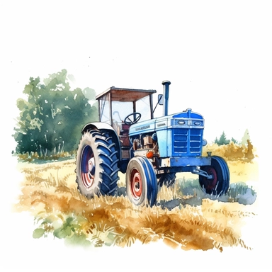 detailed watercolor blue tractor on farmland in summer clipart
